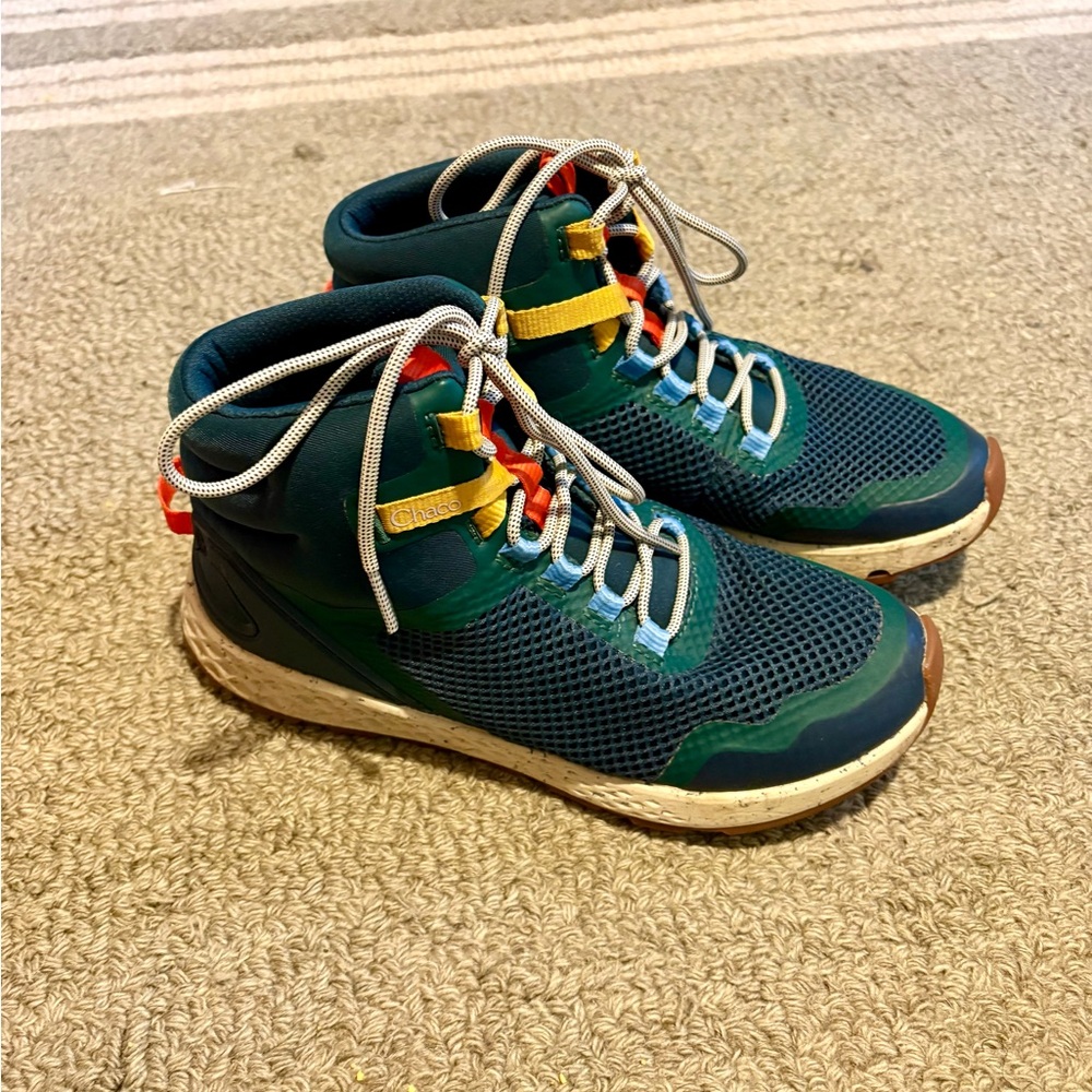 Chaco Women's Teal Lace-Up Hiking Boots with Yellow & Red Accents (like-new)